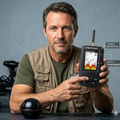 Man holding a fish finder with a gray background