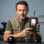 Man holding a fish finder with a gray background